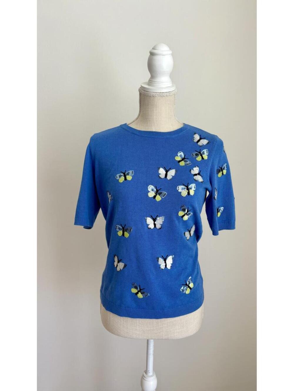 Y2K Talbots Blue Butterfly Sequin Short Sleeve Sweater Top Petite Small Petite